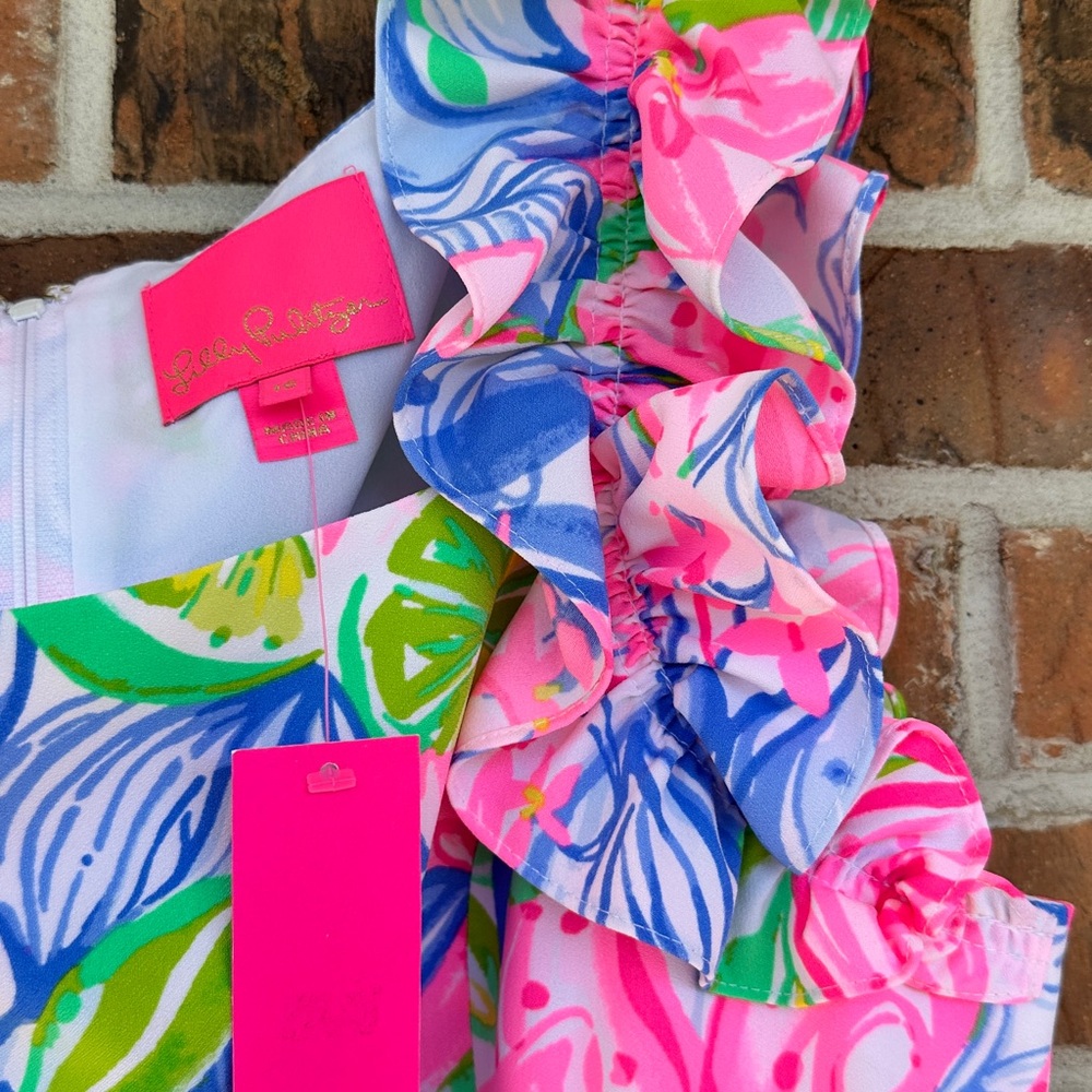 Lilly Pulitzer Pink, Blue & Green Ruffle Tropical Dress (NWT) - Picture 3 of 5